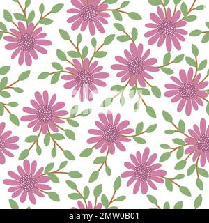 Sfondo vettoriale floreale senza cuciture. Disegno a mano piatto semplice illustrazione trendy con fiori e foglie. Ripetizione modello con prato, bosco, foresta Illustrazione Vettoriale