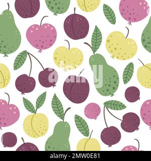 Motivo senza cuciture vettoriale con divertenti frutti da giardino piatti disegnati a mano e bacche. Mela colorata, pera, susina, pesca, ciliegia. La mietitura si ripete Illustrazione Vettoriale