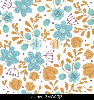 Sfondo vettoriale floreale senza cuciture. Disegno a mano piatto semplice illustrazione trendy con fiori e foglie arancioni e blu. Ripetizione del motivo con prato, Illustrazione Vettoriale