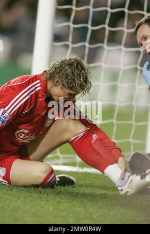 Il Liverpools Fernando Torres subisce un infortunio al piede/caviglia durante la partita tra Reading e Liverpool allo Stadio Madejski l'8 dicembre 2007 ed è coperto a 61 minuti. Questa immagine è vincolata dalle restrizioni Dataco su come può essere utilizzata. SOLO USO EDITORIALE non utilizzare con audio, video, dati, elenchi di attrezzi, loghi di club/campionato o servizi "live" non autorizzati. Utilizzo online in-match limitato a 120 immagini, senza emulazione video. Non è consentito l'uso in scommesse, giochi o pubblicazioni per club/campionato/giocatore singolo Foto Stock