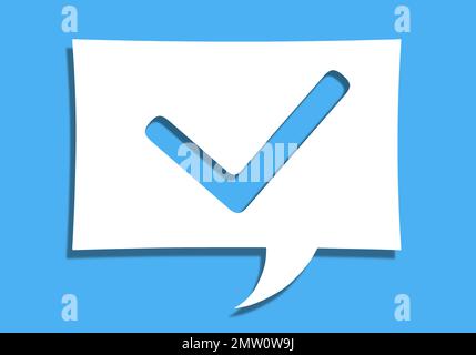 Etichetta, carta sotto forma di messaggio. Carta sulla parete. segnale di conferma. Segno di spunta. Segnale OK Foto Stock