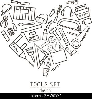 Le icone degli strumenti vettoriali sono incorniciate in forma di cuore. Illustrazione lineare piatta in bianco e nero con attrezzature per edifici, falegname per schede, poster o volantini de Illustrazione Vettoriale