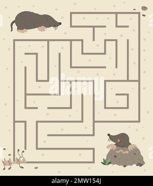 Labirinto per bambini. Attività di prescolare con mole scavando il terreno e andando per verme. Gioco di puzzle con animale. Simpatici simpatici personaggi sorridenti. Illustrazione Vettoriale