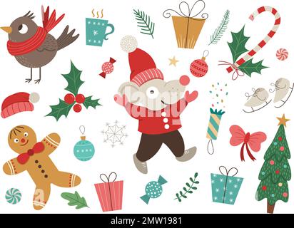 Set vettoriale di elementi natalizi con mouse in cappello rosso e giacca con mani isolate su sfondo bianco. Simpatico illustrazione divertente di 2020 anni sym Illustrazione Vettoriale