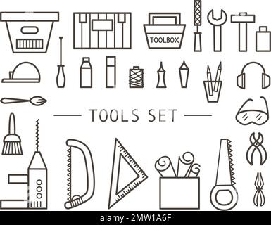 Set di icone degli strumenti vettoriali. Illustrazione lineare piatta in bianco e nero con attrezzature per edifici, falegname per cartelloni, poster o volantini. Lavorazione del legno, riparazione Illustrazione Vettoriale