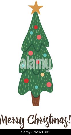 Vector decorato albero di Natale con stella d'oro in cima isolato su sfondo bianco. Simpatico illustrazione divertente del simbolo del nuovo anno. Stile piatto di Natale Illustrazione Vettoriale