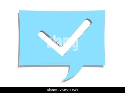 Etichetta, carta sotto forma di messaggio. Carta sulla parete. segnale di conferma. Segno di spunta. Segnale OK Foto Stock