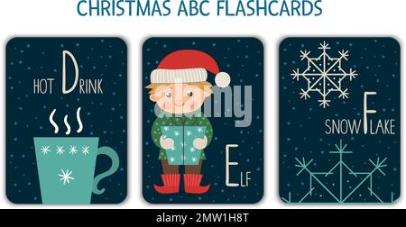 Flashcard colorata con lettere alfabetiche D, e, F. phonics. Carino Natale a tema ABC schede per insegnare la lettura con divertente bevanda calda, elfo, fiocco di neve. Nuovo Y. Illustrazione Vettoriale