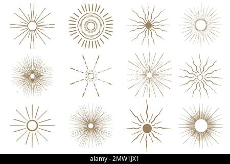 Collezione astratta Golden Sun disegnata a mano in stile boho. Corpo celeste, stella isoterica, segni zodiacali. Illustrazione Vettoriale