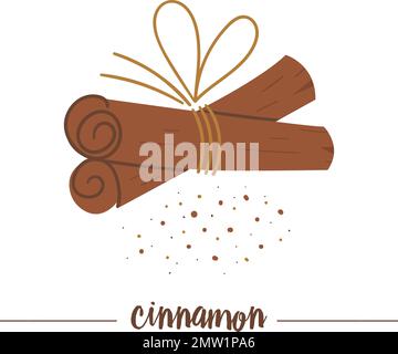Bastoncini di cannella vettoriali legati insieme isolati su fondo bianco. Simpatico illustrazione divertente del simbolo del nuovo anno. Natale piatto stile tradizionale spezia Illustrazione Vettoriale