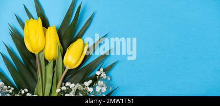 Ciao primavera - un bouquet di fiori primaverili su sfondo blu, un banner con un posto per il testo Foto Stock