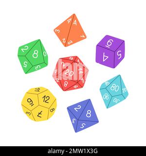 D8 D10 D12 D20 dadi per giochi da tavolo, set di dadi RPG per vettore gioco da tavolo Illustrazione Vettoriale