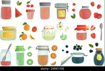 Set vettoriale di vasetti colorati di vetro jam stile acquerello isolato su sfondo bianco. Collezione colorata di conserve in pentole con frutta e berri Illustrazione Vettoriale