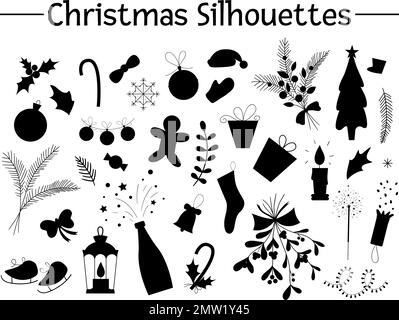 Set vettoriale di sagome di oggetti di Natale. Stencil degli elementi di Capodanno. Albero di Natale disegnato a mano, decorazioni, mistletoe, ramoscelli, dolci, presente. Illustrazione Vettoriale