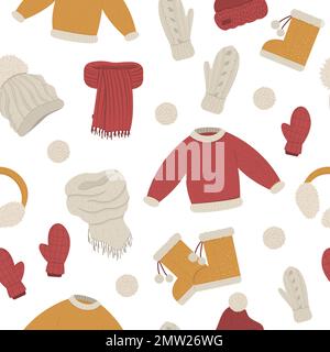 Capi invernali con motivo senza cuciture. Sfondo ripetuto con capi di abbigliamento vettoriali per climi freddi. Illustrazione piatta di maglione caldo lavorato a maglia, cappelli, gl Illustrazione Vettoriale