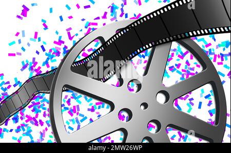Film e una bobina di film sono visti su uno sfondo di confetti. Foto Stock
