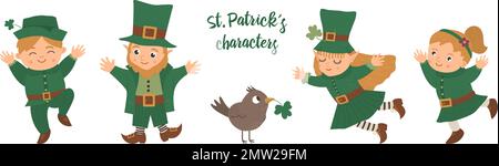 Set vettoriale di St. Personaggi del giorno di Patrick. Icone nazionali irlandesi delle vacanze isolate su sfondo bianco. Carino divertente appartamento leprechaun in abiti verdi wit Illustrazione Vettoriale