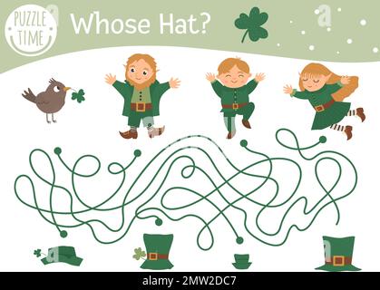 Il labirinto del giorno di San Patrizio per i bambini. Attività di vacanza irlandese prescolare. Gioco di primavera con leprechaun carino e fata. Di cui puzzle cappello. Illustrazione Vettoriale
