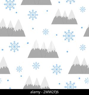 Modello vettoriale senza cuciture con montagne e fiocchi di neve. Sfondo invernale. Consistenza della stagione fredda nei colori grigio e blu. Illustrazione Vettoriale