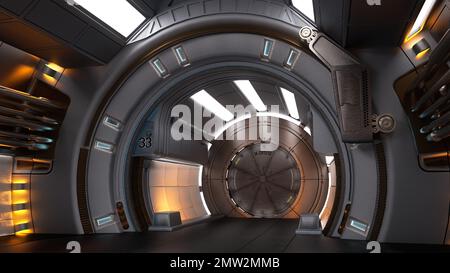 Futuristico fantascienza spazio corridoio nave con porta rotonda. Rendering 3D. Foto Stock