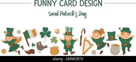 Vector Saint Patrick’s Day cornice orizzontale bordo con leprechaun, adesivi shamrock isolati su sfondo bianco. Banner a tema per le vacanze irlandesi Illustrazione Vettoriale