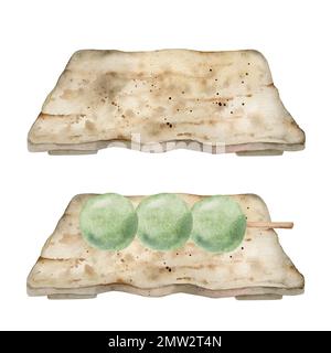 Acquerello, dolci giapponesi tradizionali disegnati a mano. Piastra in ceramica con dango. Isolato su sfondo bianco. Design per inviti, menu del ristorante Foto Stock