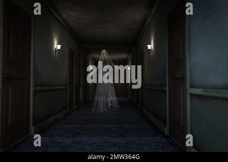 Figura spettrale di donna in abito da sposa che galleggia lungo un corridoio dell'hotel scricchiolante. Rendering 3D. Foto Stock