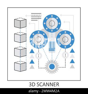 scanner di stampa 3d. Prototipo moderno e innovativo che crea un'illustrazione vettoriale di processo Illustrazione Vettoriale