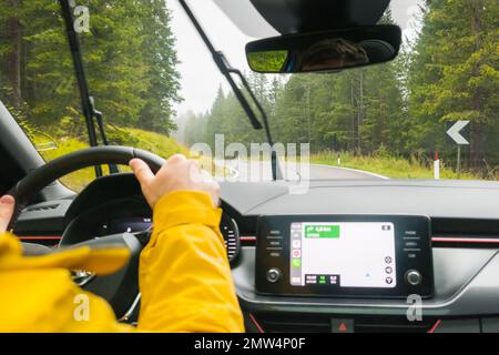 Il turista guida l'auto attraverso il passaggio nelle montagne alpine in giorno piovoso. Traveler guida l'automobile e utilizza Google Maps su strade tortuose tra gli alberi spessi nella foresta di montagna, gennaio 2023, Belluno, Italia Foto Stock