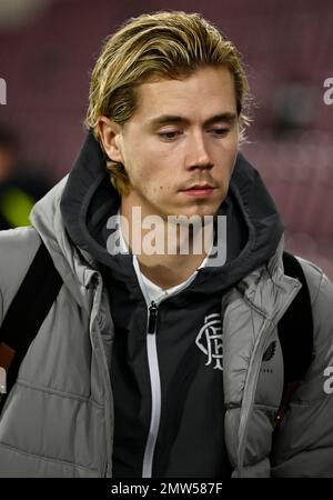 Edimburgo, Scozia, 1st febbraio 2023. Todd Cantwell of Rangers arriva prima della partita Cinch Premiership al Tynecastle Park, Edimburgo. L'immagine di credito dovrebbe essere: Neil Hanna / Sportimage Foto Stock