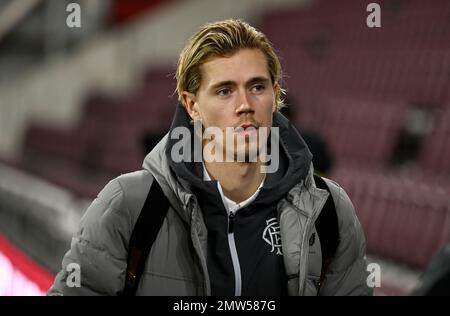 Edimburgo, Scozia, 1st febbraio 2023. Todd Cantwell of Rangers arriva prima della partita Cinch Premiership al Tynecastle Park, Edimburgo. L'immagine di credito dovrebbe essere: Neil Hanna / Sportimage Foto Stock