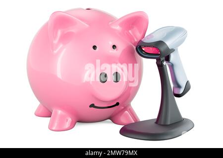 Lettore di codici a barre, scanner con banco piggy. 3D rendering isolato su sfondo bianco Foto Stock