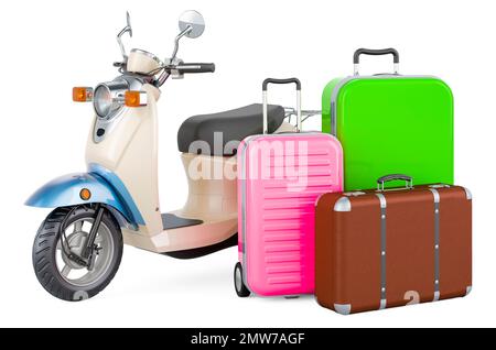 Scooter a motore, ciclomotore con valigie, 3D rendering isolato su sfondo bianco Foto Stock