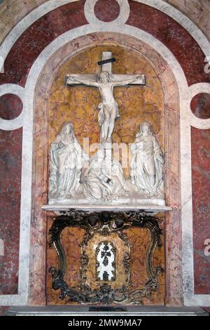 Nancy, Francja, Francia, Frankreich, Chiesa di Notre-Dame-de-Bonsecours interiore; Gesù scena crocifissione; Kreuzigungsszene Jesu Foto Stock