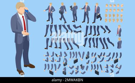 Costruttore isometrico di caratteri man per designe. Set di caratteri per uomini d'affari in stile piatto illustrazione isolata su sfondo. Illustrazione Vettoriale