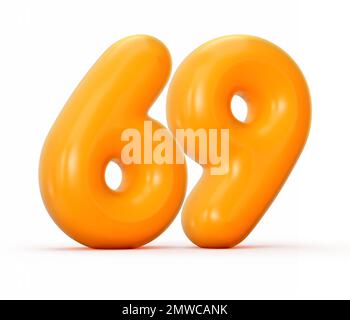 Un'illustrazione 3D di una gelatina arancione lucida numero 69 o sessantanove isolata su uno sfondo bianco Foto Stock