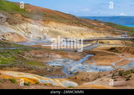 Area geotermica di Seltun, giacimenti minerali, sistema vulcanico di Krysuvik, Islanda Foto Stock