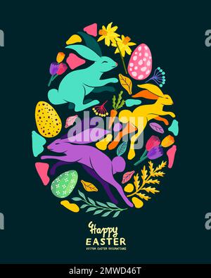 Uovo di pasqua colorato e luminoso decorato con fiori e piante floreali, conigli e uova di pasqua. Illustrazione vettoriale. Illustrazione Vettoriale