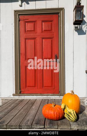 Porta d'ingresso in legno dipinta di rosso e zucche su veranda in legno della vecchia casa in stile cottage francese del 1752 in autunno. Foto Stock