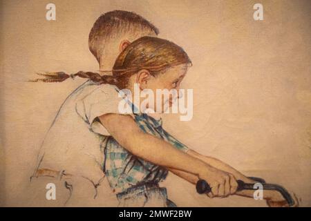 Immagine ritagliata di Norman Rockwell dipinto chiamato Day in the Life of Girl fatto nel 19652 per il Sabato sera Post rivista che mostra una ragazza e un ragazzo r Foto Stock