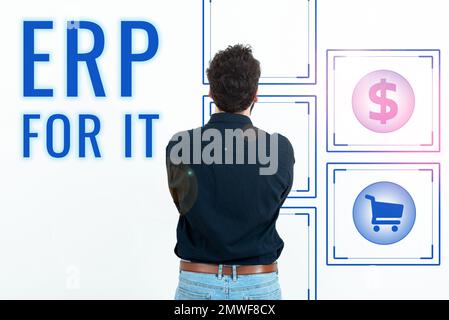 Scrittura di testo con visualizzazione ERP per l'IT. Word per software di pianificazione delle risorse aziendali per l'integrazione delle applicazioni Foto Stock