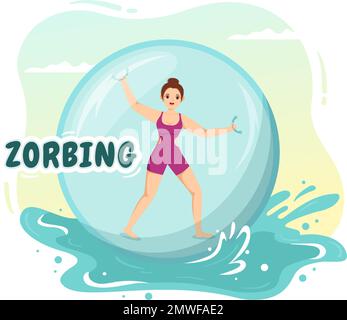 Illustrazione di Zorbing con la gente che gioca Bump di bolla sul campo verde o sul pool per il banner di fotoricettore o la pagina di atterraggio nei modelli disegnati a mano del cartoon piano Illustrazione Vettoriale