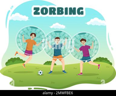 Illustrazione di Zorbing con la gente che gioca Bump di bolla sul campo verde o sul pool per il banner di fotoricettore o la pagina di atterraggio nei modelli disegnati a mano del cartoon piano Illustrazione Vettoriale