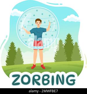 Illustrazione di Zorbing con la gente che gioca Bump di bolla sul campo verde o sul pool per il banner di fotoricettore o la pagina di atterraggio nei modelli disegnati a mano del cartoon piano Illustrazione Vettoriale