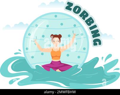 Illustrazione di Zorbing con la gente che gioca Bump di bolla sul campo verde o sul pool per il banner di fotoricettore o la pagina di atterraggio nei modelli disegnati a mano del cartoon piano Illustrazione Vettoriale