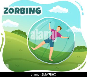 Illustrazione di Zorbing con la gente che gioca Bump di bolla sul campo verde o sul pool per il banner di fotoricettore o la pagina di atterraggio nei modelli disegnati a mano del cartoon piano Illustrazione Vettoriale