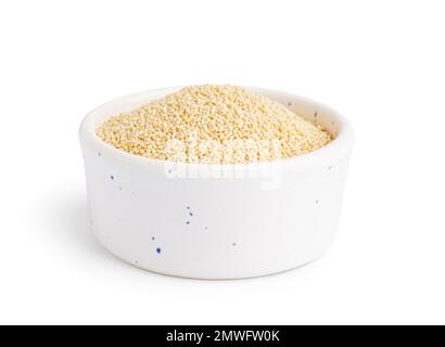 Ciotola in ceramica con semi di amaranto su fondo bianco Foto Stock
