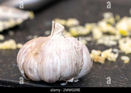 Una macro di un grosso bulbo di aglio bianco crudo su un tagliere di colore nero. La lampadina si sta asciugando dopo essere stata raccolta. Gli strati esterni della pelle sottile asciugano Foto Stock