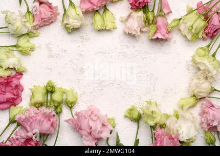 Cornice di bellissimi fiori di eustoma su sfondo chiaro. Ciao primavera Foto Stock