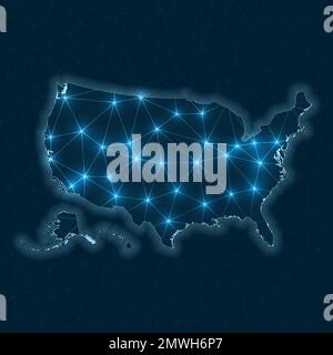 Mappa della rete USA. Mappa geometrica astratta del paese. Progettazione di connessioni digitali e telecomunicazioni. Rete Internet luminosa. Illustrazione Vettoriale
